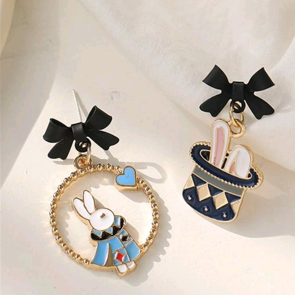 Cute Rabbit and Hat Earrings with Black Bows